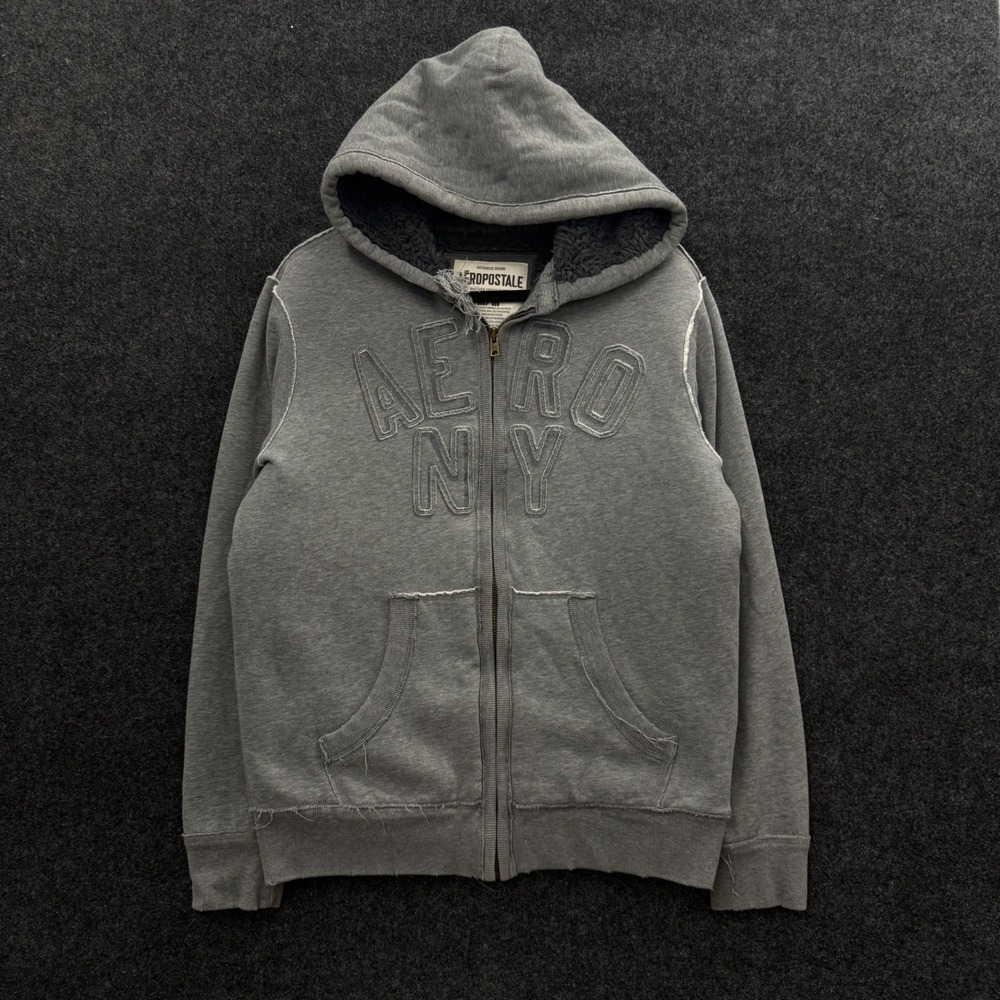 Aeropostale Mens Gray Sherpa Lined Full Zip Hoodie Distressed Aero NY Vintage M